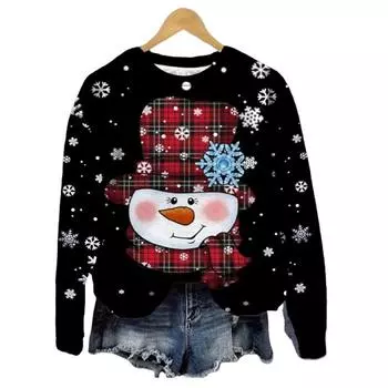 Топы для женщин, 3D красная клетчатая футболка со снеговиком, футболка с круглым вырезом и длинными рукавами, осенний повседневный женский топ с длинными рукавами на Рождество XS чёрный