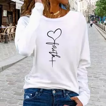 Топы для женщин 3D Love Faith Круглый вырез Длинный рукав Футболка Осенний повседневный тонкий пуловер Женский длинный рукав Топ XS белый