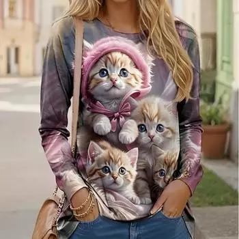 Топы для женщин 3D милый фиолетовый кот принт круглый вырез длинный рукав футболка осенний повседневный тонкий пуловер женский длинный рукав топ XS фиолетовый