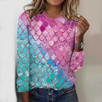 Топы для женщин 3D Shine Scale Print Round Neck Long Sleeve T Shirt Fall Casual Slim Pullover Women s Long Sleeve Top XS розовый