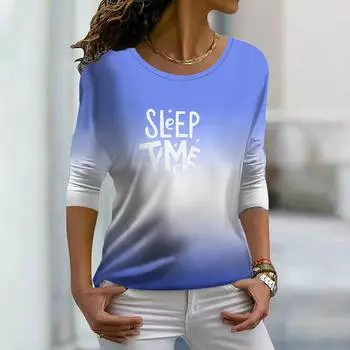 Топы для женщин, 3D синяя футболка с градиентным буквенным принтом и круглым вырезом, футболка с длинными рукавами, осенний повседневный тонкий пуловер, женский топ с длинными рукавами XS синий