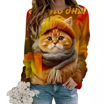 Топы для женщин 3D Vision Funny Cat Print Round Neck Long Sleeve T Shirt Fall Casual Slim Pullover Women s Long Sleeve Top XS розовый