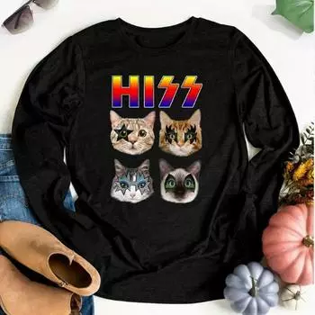 Топы для женщин 3D забавный принт кота круглый вырез длинный рукав футболка осень повседневный тонкий пуловер женский длинный рукав топ XS розовый