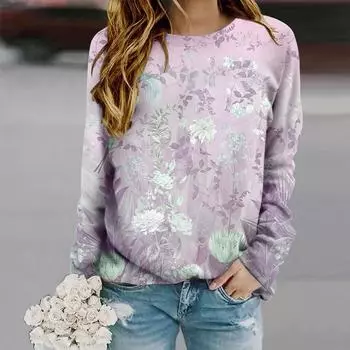 Топы для женщин, античный принт в виде цветов лотоса, круглый вырез, длинный рукав, футболка, осенний повседневный тонкий пуловер, женский топ с длинным рукавом XS фиолетовый