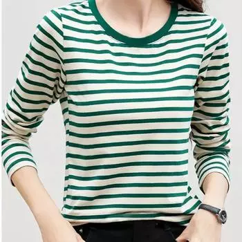 Топы для женщин, белая футболка с принтом в виде полосок и круглым вырезом, длинный рукав, осенний повседневный тонкий пуловер, женский топ с длинным рукавом XS красный