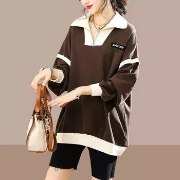 Топы для женщин больших размеров, осенний свитер с v-образным вырезом и застежкой-молнией, женский свободный свитер средней длины, повседневные топы в стиле «сотня» M синий