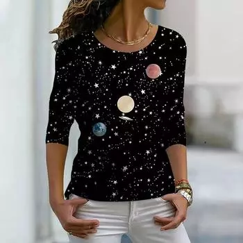 Топы для женщин, черная футболка с 3D-принтом звездного неба, футболка с круглым вырезом и длинными рукавами, осенний повседневный тонкий пуловер, женский топ с длинными рукавами XS чёрный