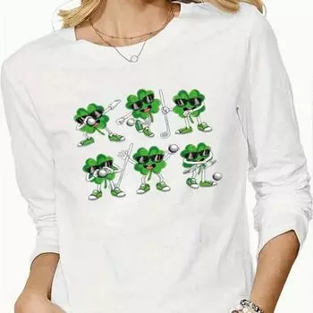 Топы для женщин Clover Golf Print Round Neck Футболка с длинным рукавом Осенний повседневный тонкий пуловер Женский топ с длинным рукавом XS белый