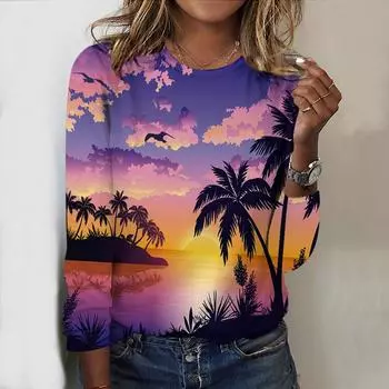 Топы для женщин Coconut Trees by the Seaside Print Round Neck Long Sleeve T Shirt Fall Casual Slim Pullover Women s Long Sleeve Top XS розовый