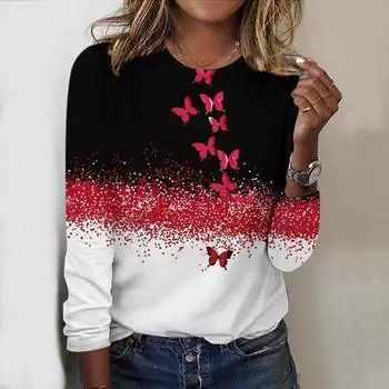Топы для женщин, цветная бабочка, круглый вырез, длинный рукав, футболка, осенний повседневный тонкий пуловер, женский топ с длинным рукавом XS розовый
