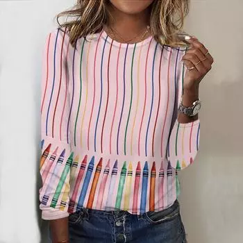 Топы для женщин, цветной мультяшный карандашный принт, круглый вырез, длинный рукав, футболка, осенний повседневный тонкий пуловер, женский топ с длинным рукавом XS розовый