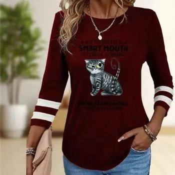 Топы для женщин Doubtful Cat Print Round Neck Футболка с длинным рукавом Осенний повседневный тонкий пуловер Женский топ с длинным рукавом XS чёрный