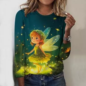 Топы для женщин Elf Girl Print Round Neck Футболка с длинным рукавом Осенний повседневный тонкий пуловер Женский топ с длинным рукавом XS розовый