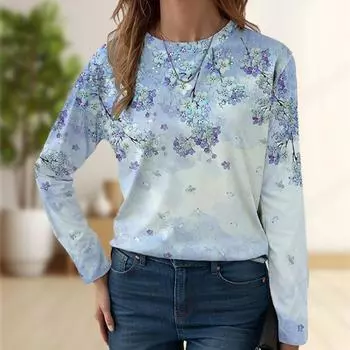 Топы для женщин Фиолетовая лоза Принт круглый вырез длинный рукав футболка осень повседневный тонкий пуловер женский длинный рукав топ XS темно-синий