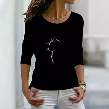 Топы для женщин, футболка с 3D черным котом, круглым вырезом и длинными рукавами, осенний повседневный тонкий пуловер, женский топ с длинными рукавами XS чёрный