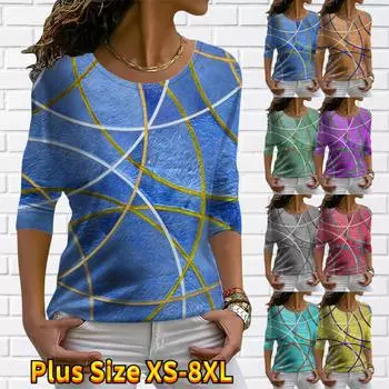 Топы для женщин, футболка с 3D кривым принтом, круглым вырезом и длинными рукавами, осенний повседневный тонкий пуловер, женский топ с длинными рукавами XS синий
