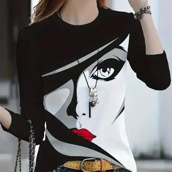 Топы для женщин, футболка с 3D-принтом на лице, круглым вырезом и длинными рукавами, осенний повседневный тонкий пуловер, женский топ с длинными рукавами XS чёрный