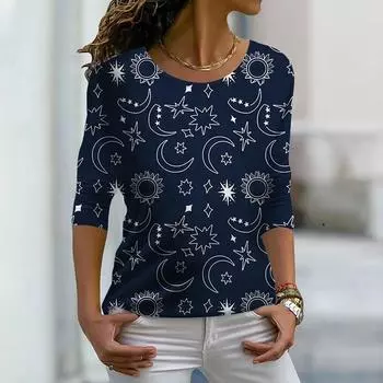 Топы для женщин, футболка с 3D темно-синим лунным принтом, круглым вырезом и длинными рукавами, осенний повседневный тонкий пуловер, женский топ с длинными рукавами XS фиолетовый