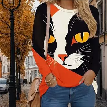 Топы для женщин, футболка с 3D визуальным милым котом, круглым вырезом и длинными рукавами, осенний повседневный тонкий пуловер, женский топ с длинными рукавами XS фиолетовый