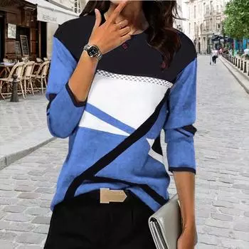 Топы для женщин, футболка с цветным блоком и принтом, футболка с круглым вырезом и длинными рукавами, осенний повседневный тонкий пуловер, женский топ с длинными рукавами XS красный