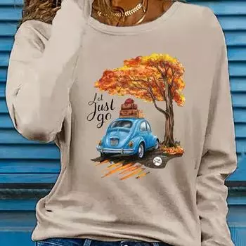 Топы для женщин, футболка с круглым вырезом и длинным рукавом с принтом «Золотое дерево», повседневный тонкий женский топ с длинным рукавом XS белый