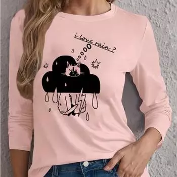 Топы для женщин Футболка с круглым вырезом и длинным рукавом The Melancholic Cat Print, осенний повседневный тонкий пуловер, женский топ с длинным рукавом XS розовый