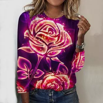 Топы для женщин, футболка с круглым вырезом и длинным рукавом, светящийся рисунок розы, осенний повседневный тонкий пуловер, женский топ с длинным рукавом XS фиолетовый