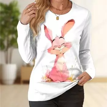 Топы для женщин. Футболка с круглым вырезом и длинным рукавом с принтом кролика. Осенний повседневный тонкий пуловер. Женский топ с длинным рукавом. XS белый