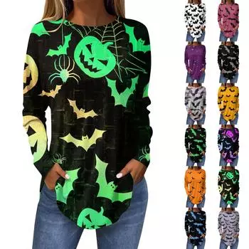 топы для женщин Футболки для женщин Осенние повседневные рубашки с длинным рукавом Толстовка Винтажный графический принт Топ Пуловер Хэллоуин S