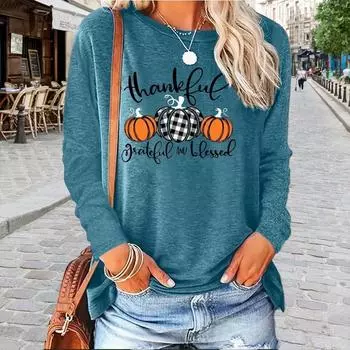 Топы для женщин Хэллоуин День благодарения тыква принт круглый вырез длинный рукав футболка осень повседневный тонкий пуловер женский длинный рукав топ XS розовый