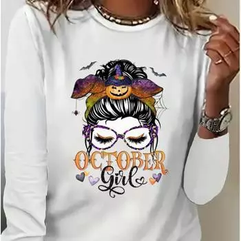 Топы для женщин Хэллоуин Девушка Аватар Принт Круглый вырез Длинный рукав Футболка Осенний повседневный тонкий пуловер Женский длинный рукав Топ XS розовый