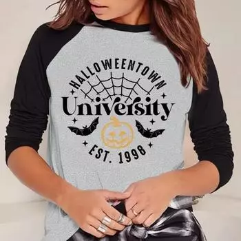 Топы для женщин Хэллоуин Летучая мышь Паутина Принт Круглый вырез Длинный рукав Футболка Осенний повседневный тонкий пуловер Женский длинный рукав Топ XS белый