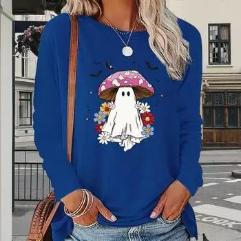 Топы для женщин Хэллоуин милый призрачный принт круглый вырез длинный рукав футболка осень повседневный тонкий пуловер женский длинный рукав топ XS белый