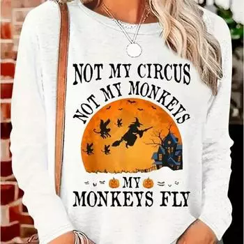 Топы для женщин Хэллоуин Ночь Ведьма Принт Круглый вырез Длинный рукав Футболка Осенний Повседневный Тонкий Пуловер Женский Длинный Рукав Топ XS белый