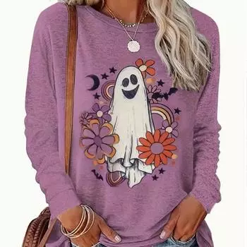 Топы для женщин Хэллоуин Призрак Цветочный принт круглый вырез длинный рукав футболка осень повседневный тонкий пуловер женский длинный рукав топ XS фиолетовый