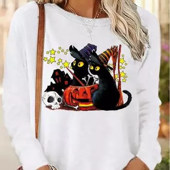 Топы для женщин Хэллоуин Ведьма Кошка Принт Круглый вырез Длинный рукав Футболка Осенний повседневный тонкий пуловер Женский длинный рукав Топ XS белый