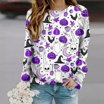 Топы для женщин Хэллоуин Волшебный принт круглый вырез длинный рукав футболка осень повседневный тонкий пуловер женский длинный рукав топ XS розовый