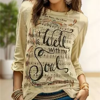 Топы для женщин Художественный нотный принт Круглый вырез Футболка с длинным рукавом Осенний повседневный тонкий пуловер Женский топ с длинным рукавом XS синий