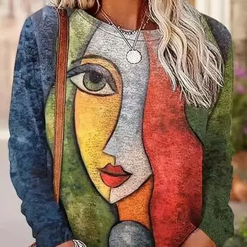 Топы для женщин, красивая футболка с круглым вырезом и принтом лица, длинный рукав, осенний повседневный тонкий пуловер, женский топ с длинным рукавом XS розовый