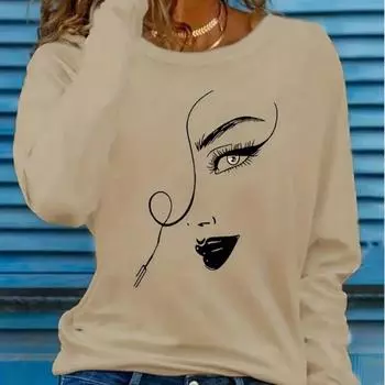 Топы для женщин Красивая женская футболка с круглым вырезом и длинным рукавом с принтом профиля Осенний повседневный тонкий пуловер Женский топ с длинным рукавом XS розовый