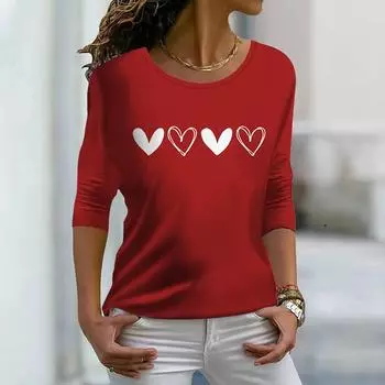 Топы для женщин, красная футболка с 3D принтом «Любовь», круглым вырезом и длинными рукавами, осенний повседневный тонкий пуловер, женский топ с длинными рукавами XS красный