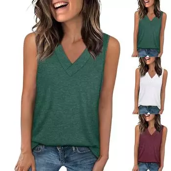 Топы для женщин, летние футболки с V-образным вырезом, модные базовые футболки без рукавов, свободный крой, мода L чёрный