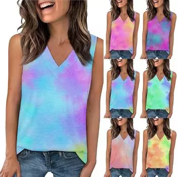 Топы для женщин, летние футболки с V-образным вырезом, модные базовые футболки без рукавов, свободный крой, мода L темно-фиолетового