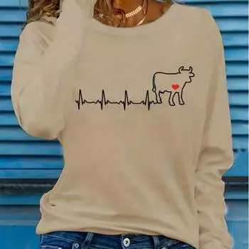 Топы для женщин Line Bull Print Round Neck Футболка с длинным рукавом Осенний повседневный тонкий пуловер Женский топ с длинным рукавом XS зелёный