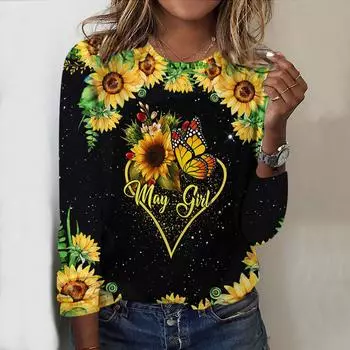 Топы для женщин Love Sunflower Butterfly Print Round Neck Long Sleeve T Shirt Fall Casual Slim Pullover Womens Long Sleeve Top XS розовый