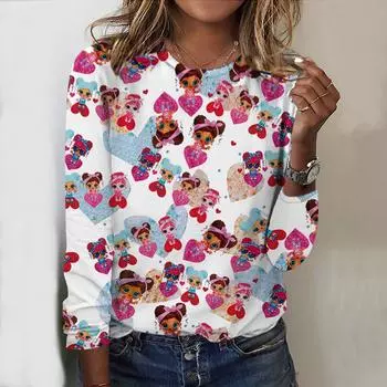 Топы для женщин Loving Little Person Print Round Neck Футболка с длинным рукавом Осенний повседневный тонкий пуловер Женский топ с длинным рукавом XS розовый