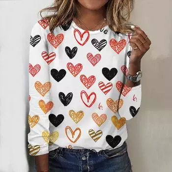 Топы для женщин, масляная живопись, цветной рисунок любви, круглый вырез, длинный рукав, футболка, осенний повседневный тонкий пуловер, женский топ с длинным рукавом XS розовый