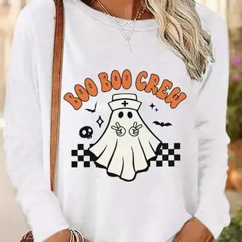 Топы для женщин Медсестра Призрак Принт Круглый вырез Длинный рукав Футболка Осенний повседневный тонкий пуловер Женский длинный рукав Топ XS белый