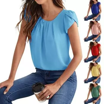 Топы для женщин, модные летние повседневные однотонные футболки с коротким рукавом и круглым вырезом L синий