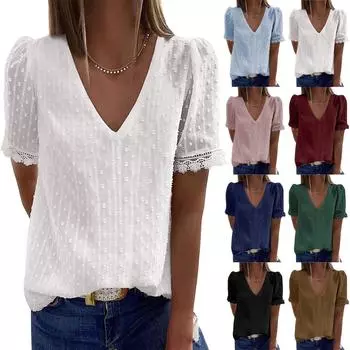 Топы для женщин, нарядные повседневные футболки с короткими рукавами и v-образным вырезом, футболка